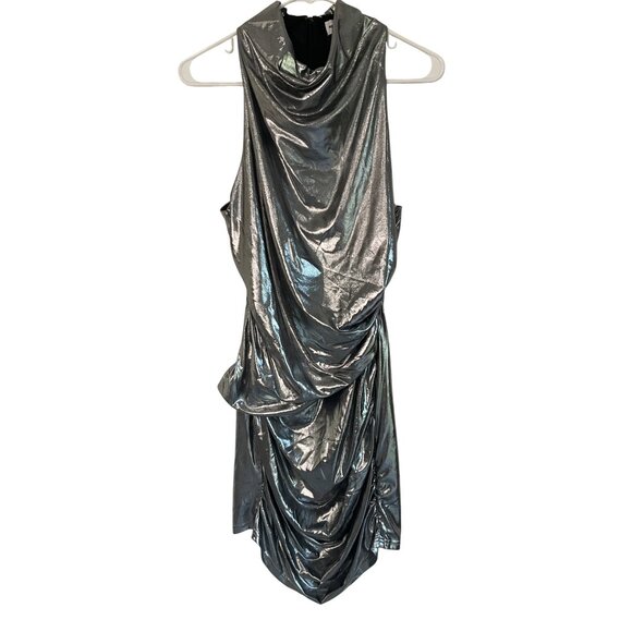 superdown Womens Nyla Mini Dress in Gunmetal Silver Large New Faux Wrap - Picture 4 of 9